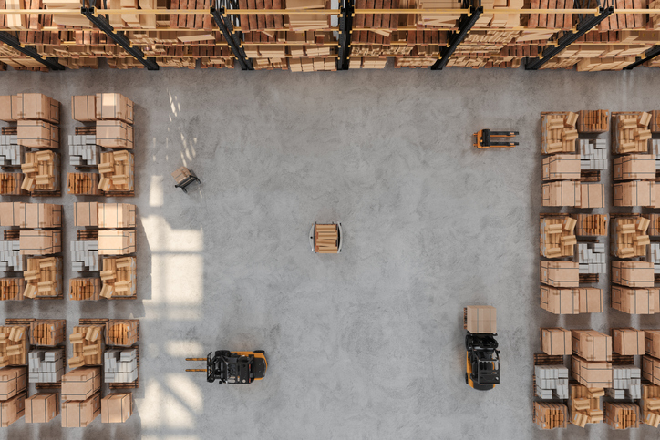 High Angle View Of Warehouse With Forklift, Pallet, AGV And Cardboard Boxes